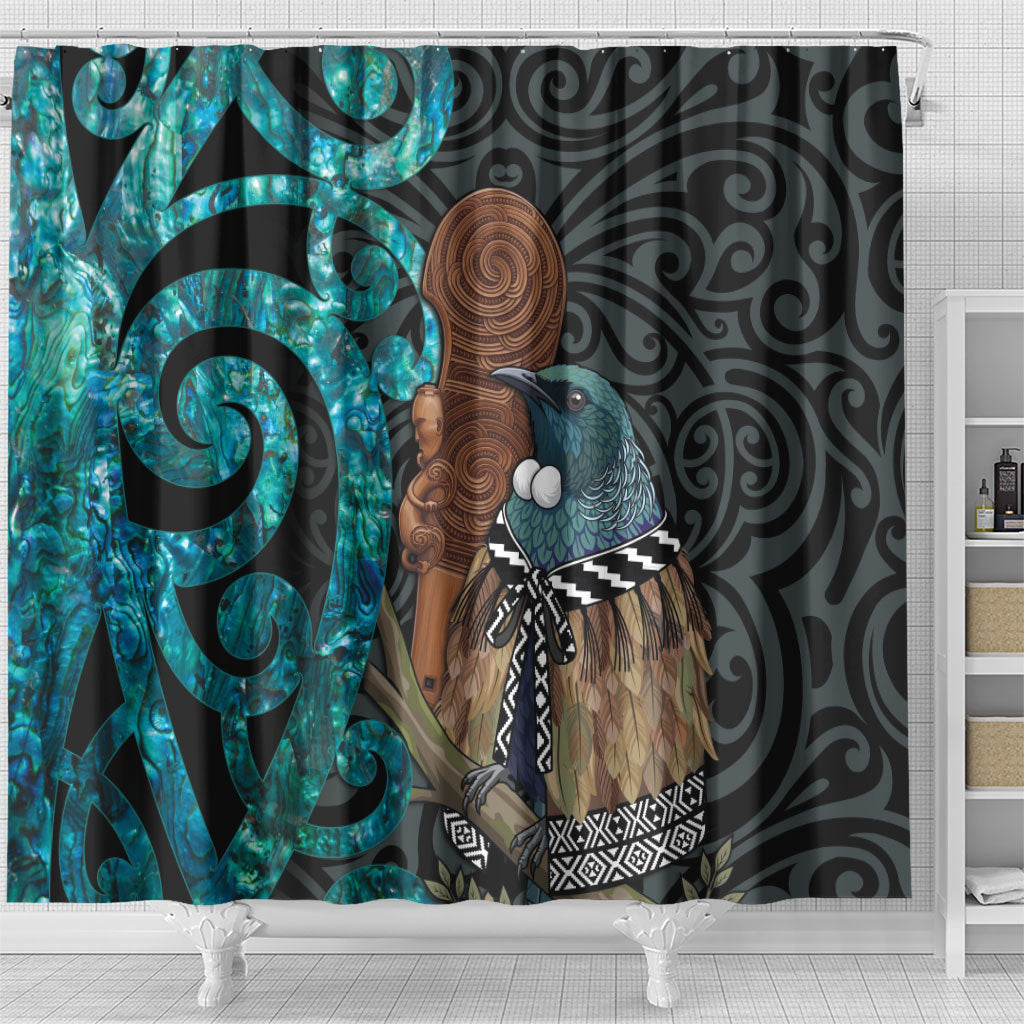 New Zealand Tui Bird Wahaika Shower Curtain Maori Weapon Paua Shell Koru Pattern LT22 - Polynesian Pride