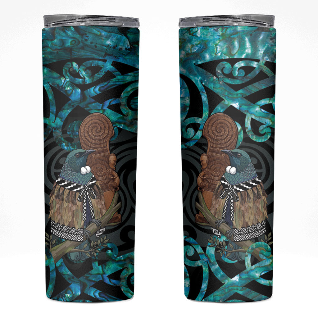 New Zealand Tui Bird Wahaika Skinny Tumbler Maori Weapon Paua Shell Koru Pattern LT22 Black - Polynesian Pride