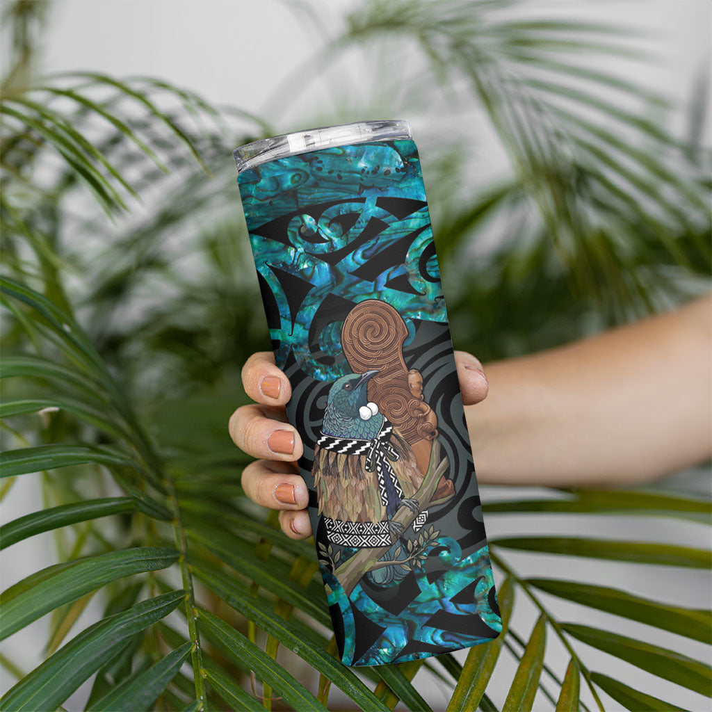 New Zealand Tui Bird Wahaika Skinny Tumbler Maori Weapon Paua Shell Koru Pattern LT22 - Polynesian Pride