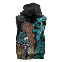 New Zealand Tui Bird Wahaika Sleeveless Hoodie Maori Weapon Paua Shell Koru Pattern LT22 - Polynesian Pride