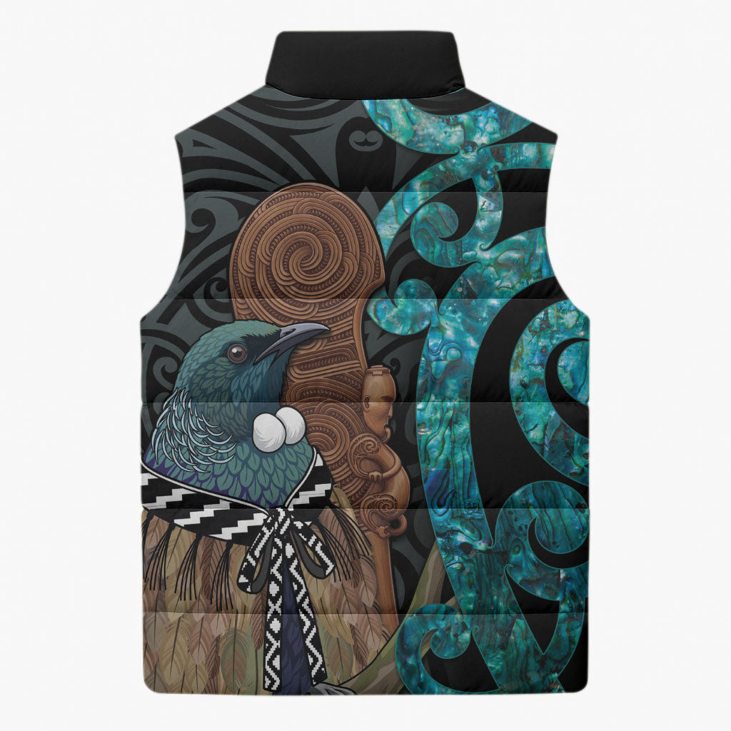 New Zealand Tui Bird Wahaika Sleeveless Puffer Jacket Maori Weapon Paua Shell Koru Pattern LT22 - Polynesian Pride