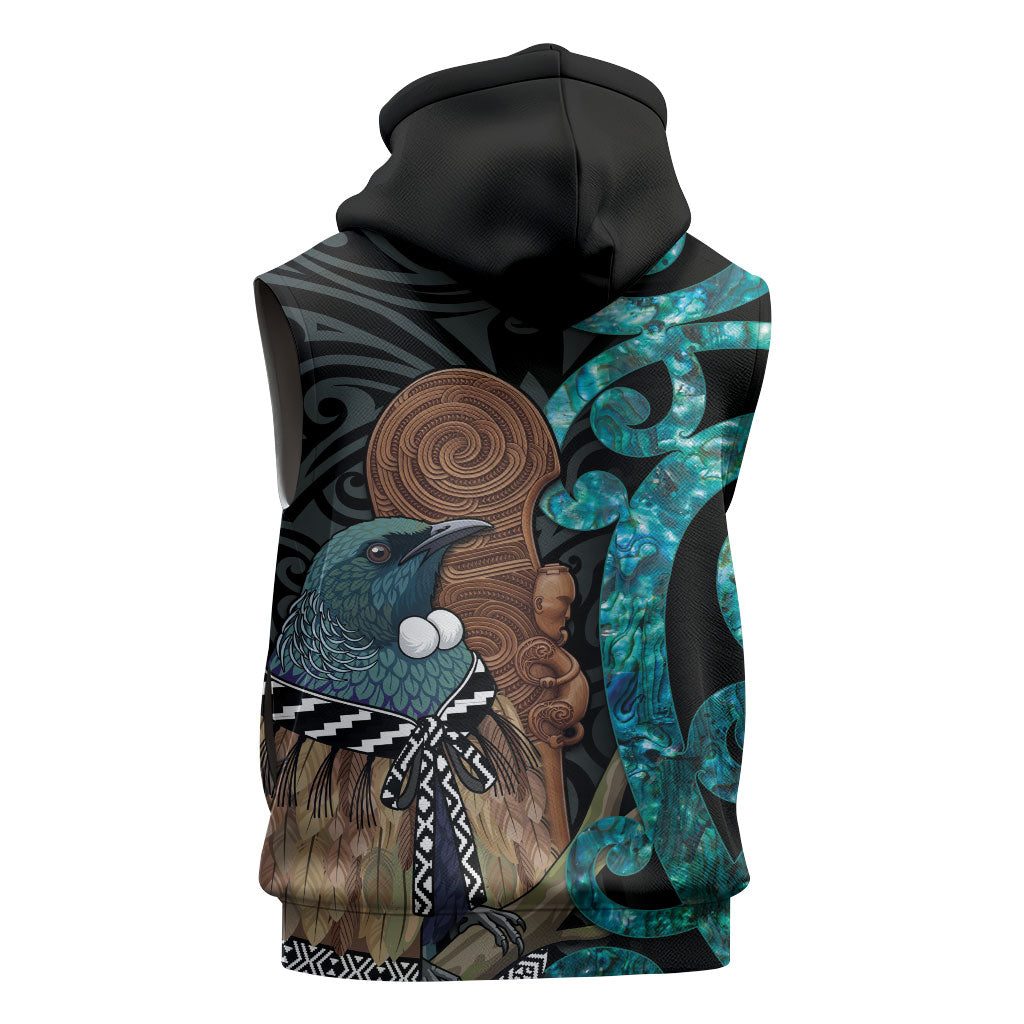 New Zealand Tui Bird Wahaika Sleeveless Zip Hoodie Maori Weapon Paua Shell Koru Pattern LT22 - Polynesian Pride