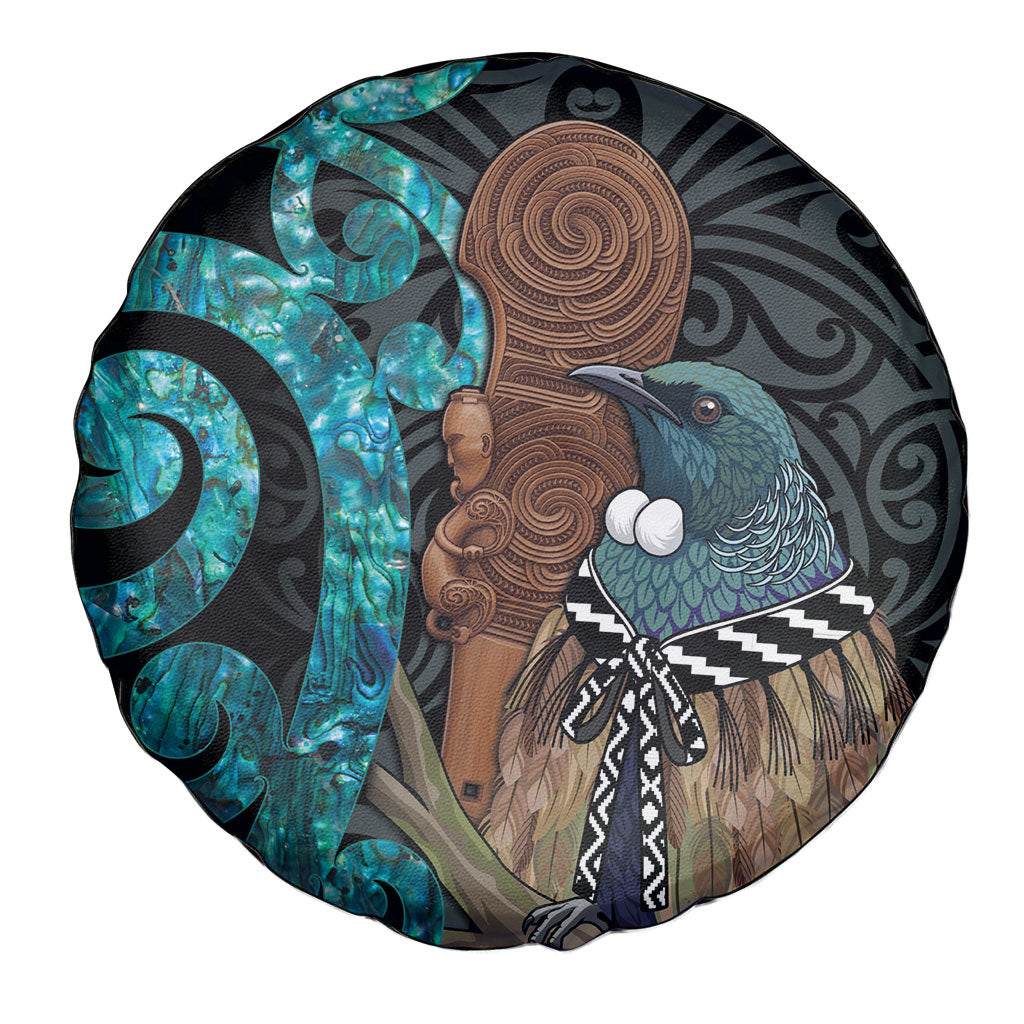 New Zealand Tui Bird Wahaika Spare Tire Cover Maori Weapon Paua Shell Koru Pattern LT22 - Polynesian Pride