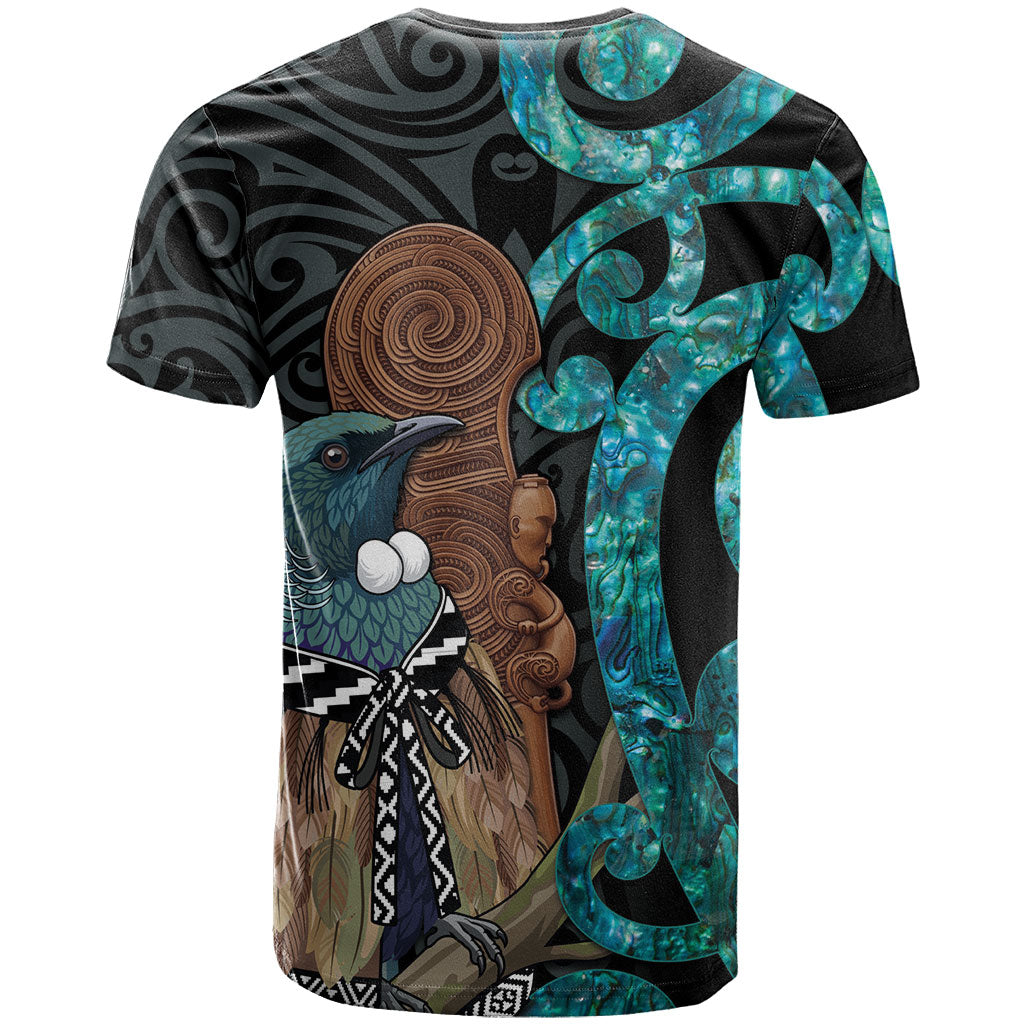 New Zealand Tui Bird Wahaika T Shirt Maori Weapon Paua Shell Koru Pattern LT22 - Polynesian Pride