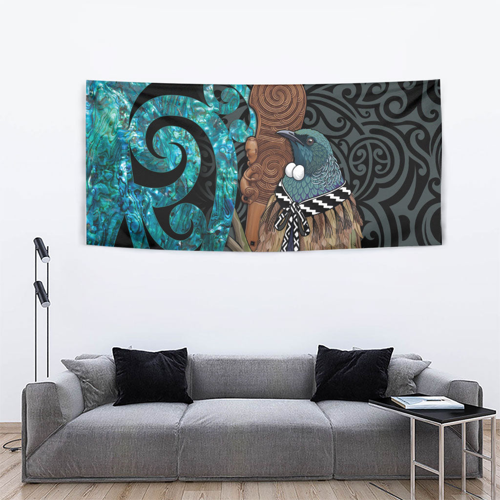 New Zealand Tui Bird Wahaika Tapestry Maori Weapon Paua Shell Koru Pattern LT22 - Polynesian Pride