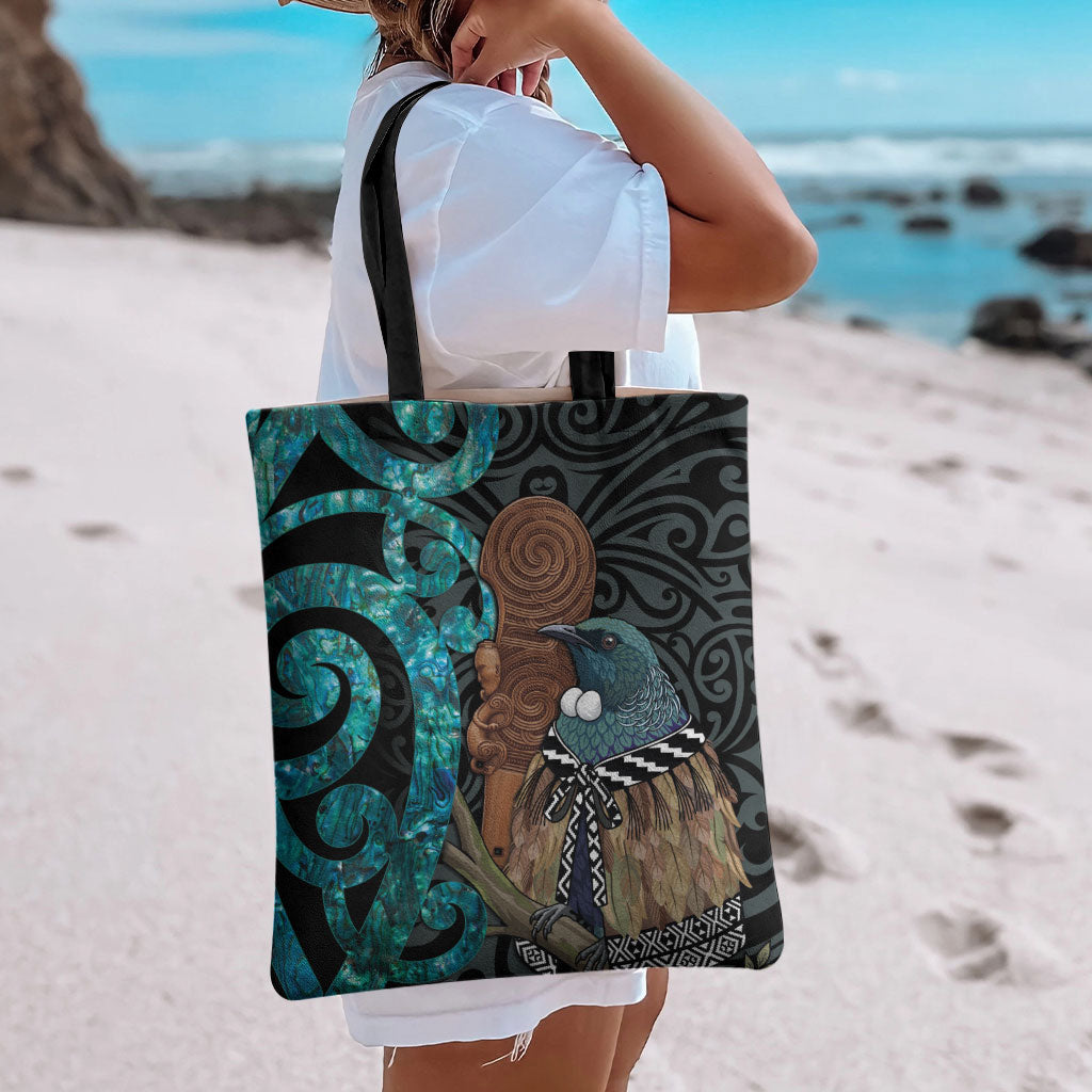 New Zealand Tui Bird Wahaika Tote Bag Maori Weapon Paua Shell Koru Pattern LT22 - Polynesian Pride