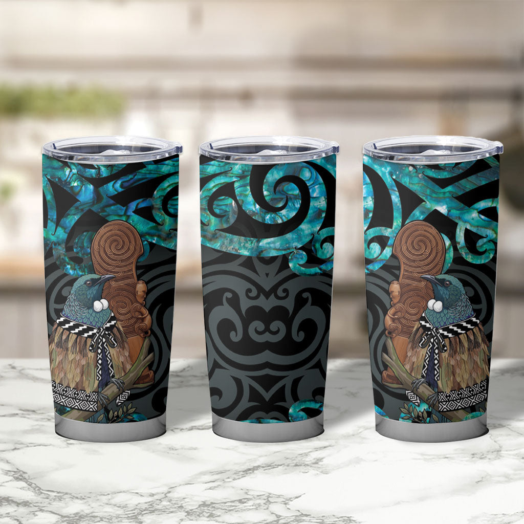 New Zealand Tui Bird Wahaika Tumbler Cup Maori Weapon Paua Shell Koru Pattern LT22 - Polynesian Pride