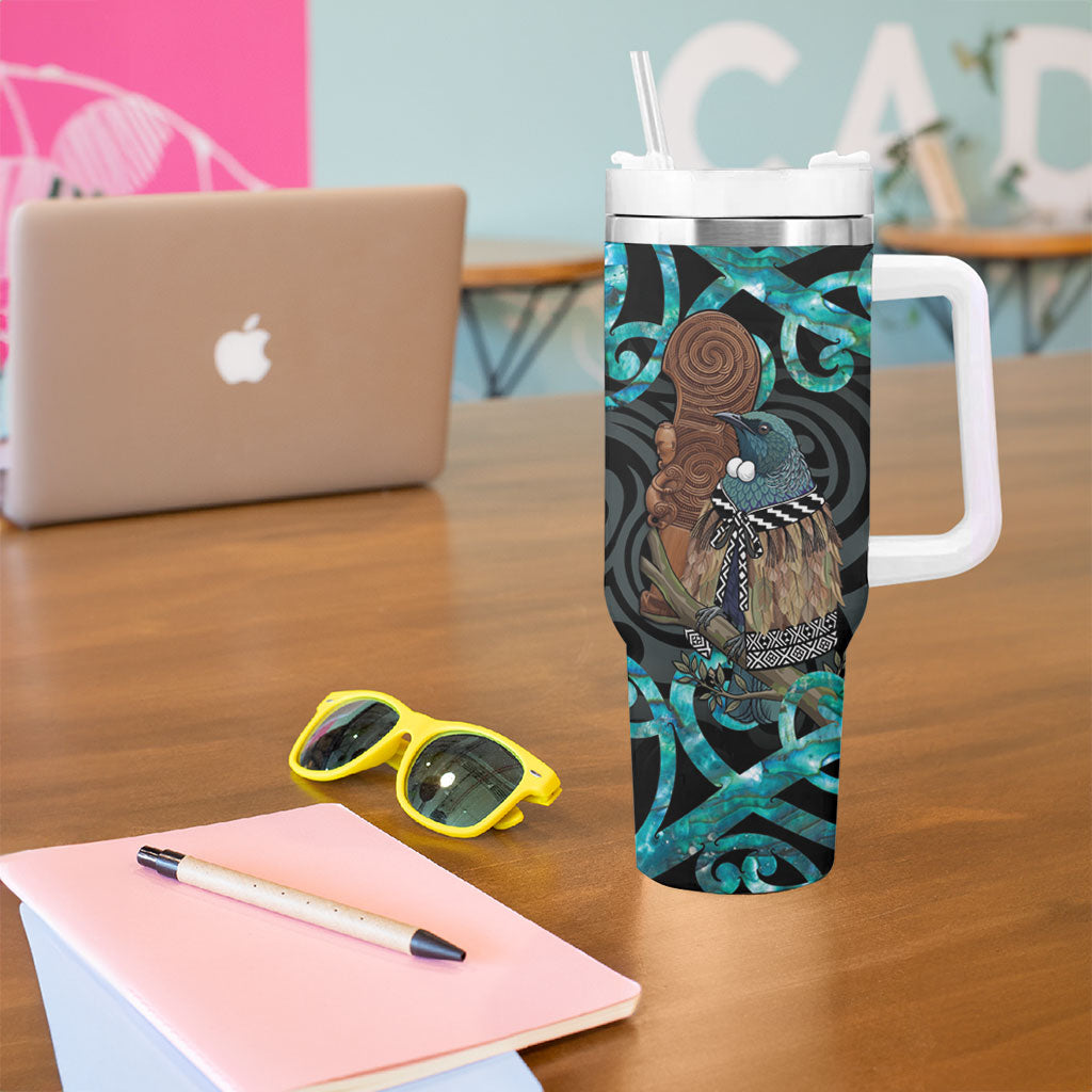 New Zealand Tui Bird Wahaika Tumbler With Handle Maori Weapon Paua Shell Koru Pattern LT22 - Polynesian Pride