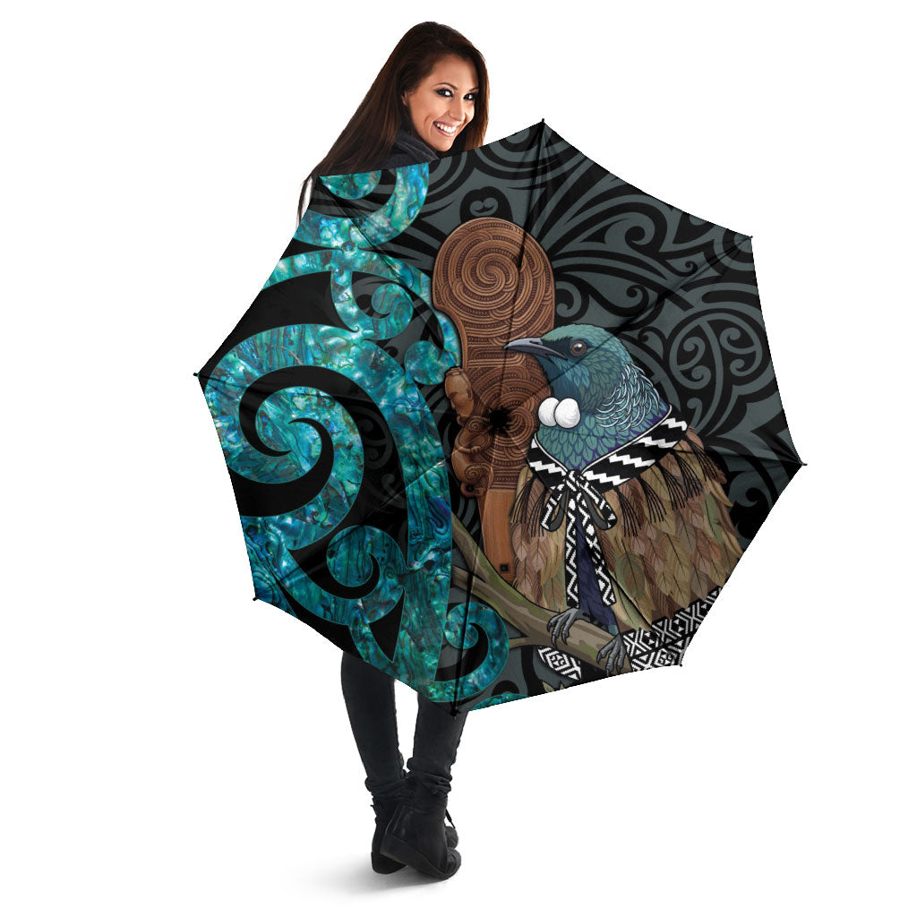 New Zealand Tui Bird Wahaika Umbrella Maori Weapon Paua Shell Koru Pattern LT22 - Polynesian Pride