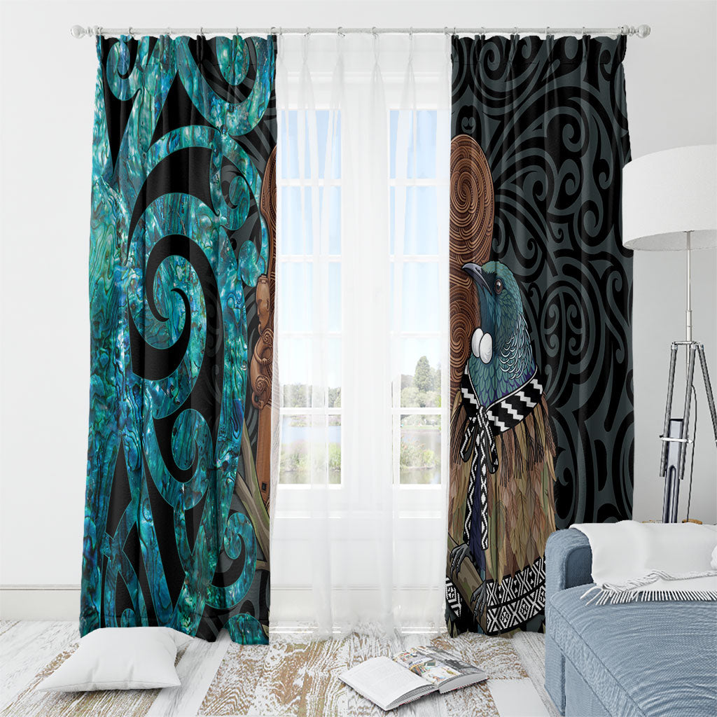 New Zealand Tui Bird Wahaika Window Curtain Maori Weapon Paua Shell Koru Pattern LT22 - Polynesian Pride