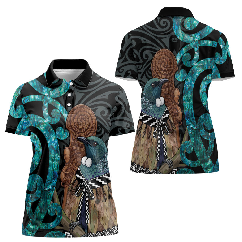 New Zealand Tui Bird Wahaika Women Polo Shirt Maori Weapon Paua Shell Koru Pattern LT22 - Polynesian Pride