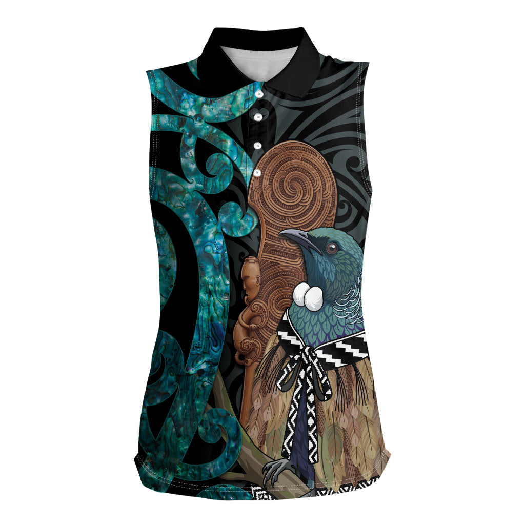 New Zealand Tui Bird Wahaika Women Sleeveless Polo Shirt Maori Weapon Paua Shell Koru Pattern LT22 Female Black - Polynesian Pride