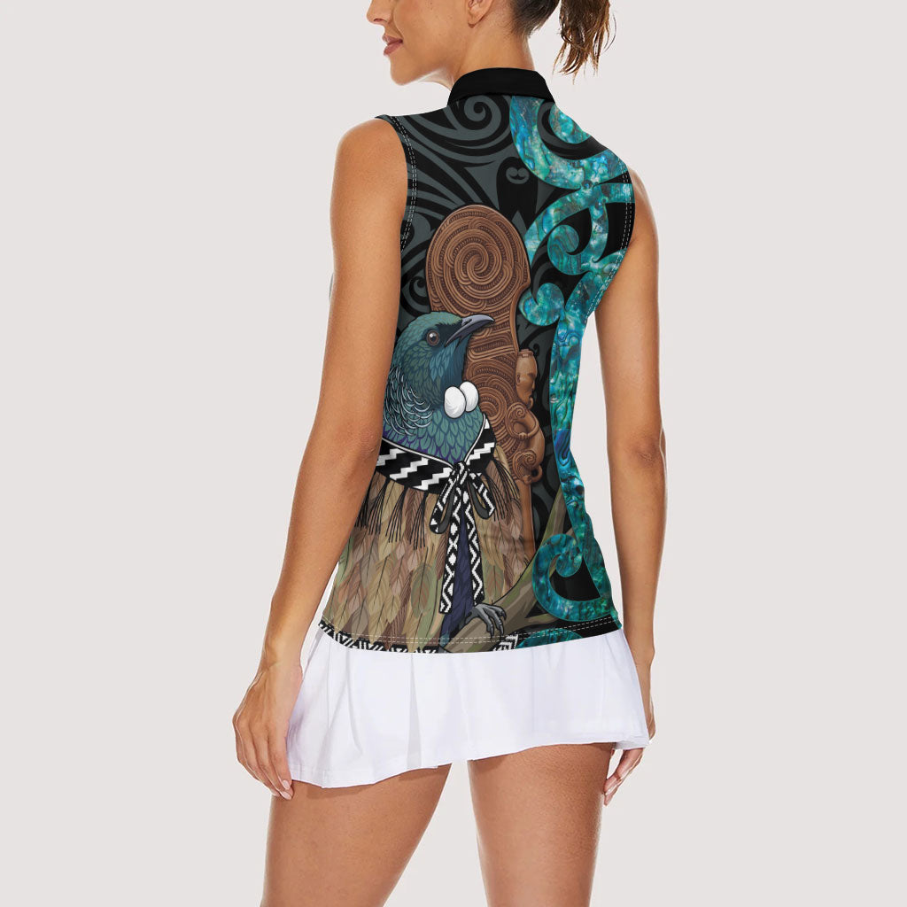 New Zealand Tui Bird Wahaika Women Sleeveless Polo Shirt Maori Weapon Paua Shell Koru Pattern LT22 - Polynesian Pride
