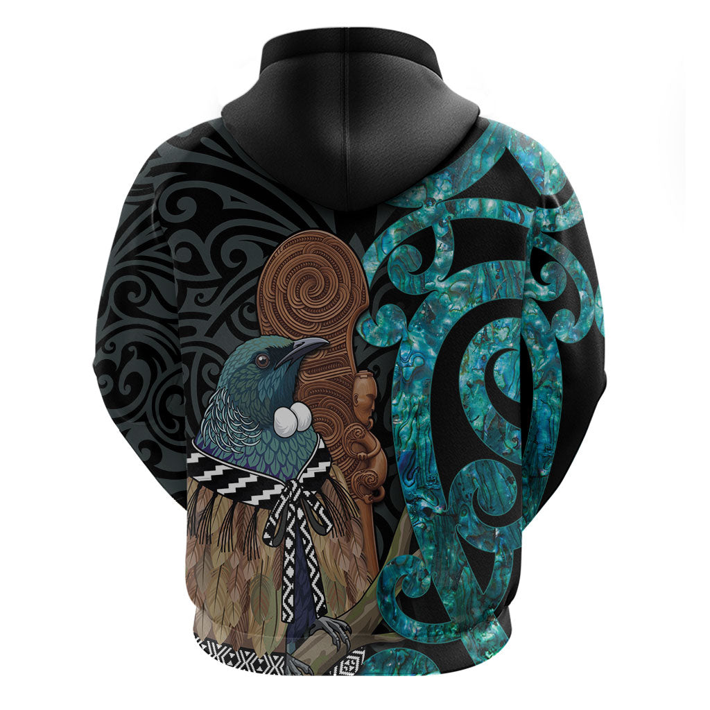 New Zealand Tui Bird Wahaika Zip Hoodie Maori Weapon Paua Shell Koru Pattern LT22 - Polynesian Pride