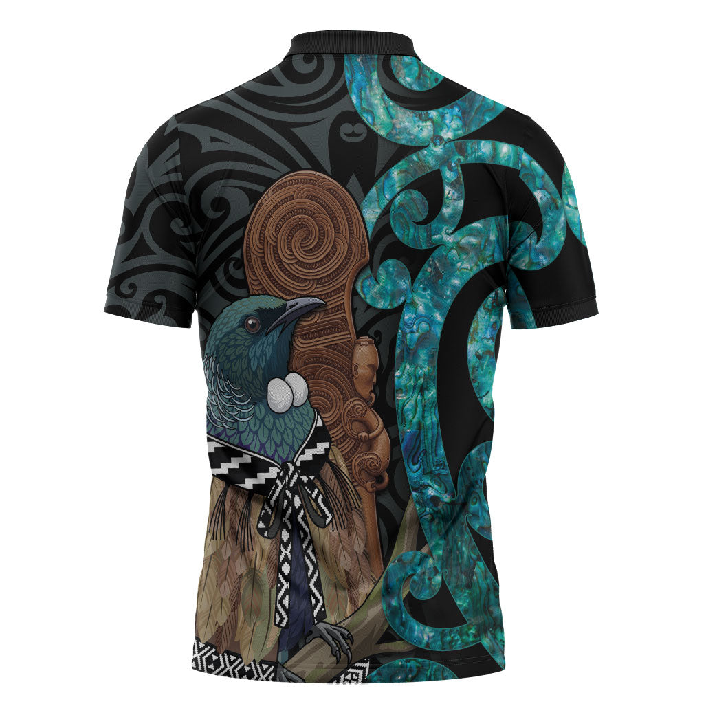 New Zealand Tui Bird Wahaika Zipper Polo Shirt Maori Weapon Paua Shell Koru Pattern LT22 - Polynesian Pride