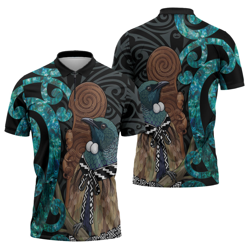 New Zealand Tui Bird Wahaika Zipper Polo Shirt Maori Weapon Paua Shell Koru Pattern LT22 - Polynesian Pride