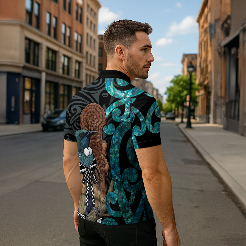 New Zealand Tui Bird Wahaika Zipper Polo Shirt Maori Weapon Paua Shell Koru Pattern LT22 - Polynesian Pride