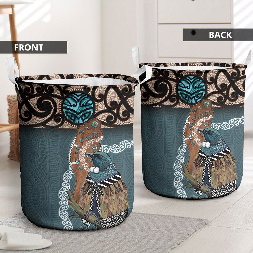 New Zealand Tui Bird Maripi Laundry Basket Maori Weapon Kowhaiwhai Pattern LT22 - Polynesian Pride