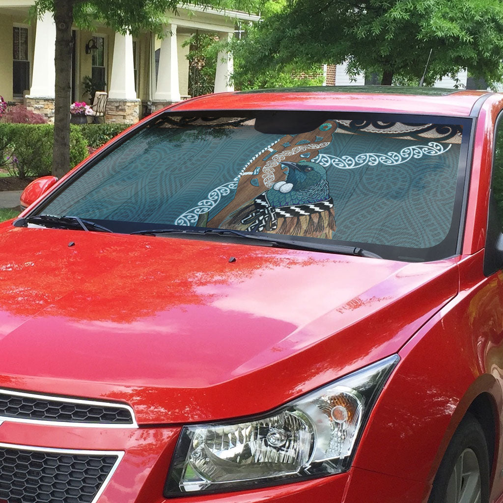 New Zealand Tui Bird Maripi Auto Sun Shade Maori Weapon Kowhaiwhai Pattern LT22 - Polynesian Pride