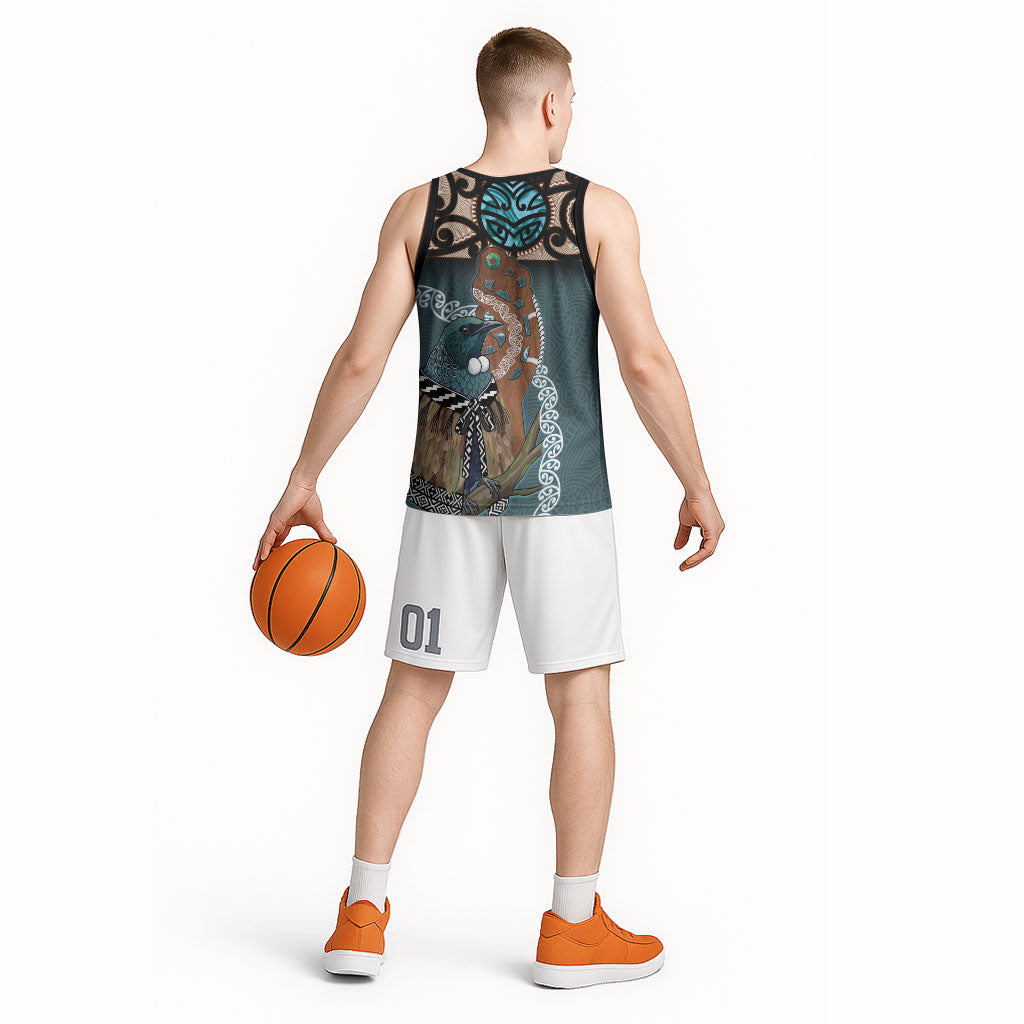 New Zealand Tui Bird Maripi Basketball Jersey Maori Weapon Kowhaiwhai Pattern LT22 - Polynesian Pride