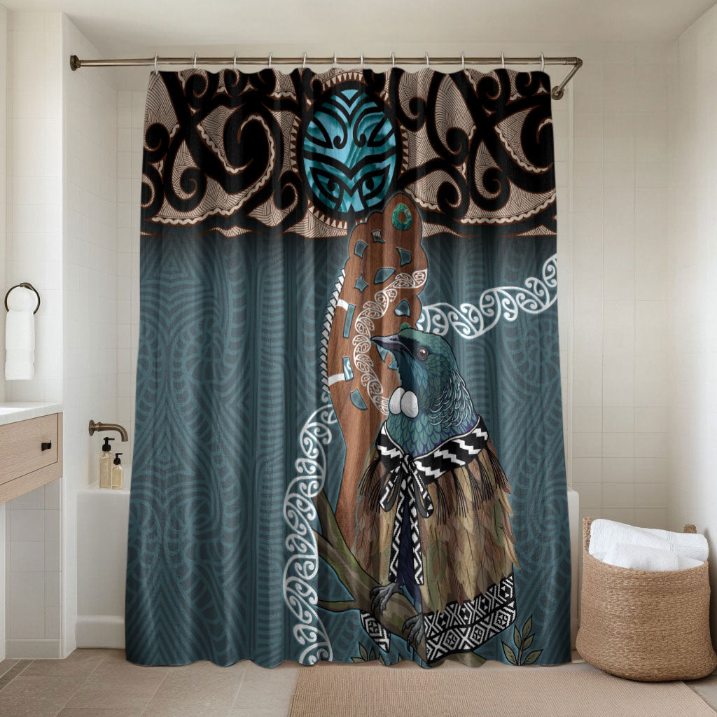 New Zealand Tui Bird Maripi Bathroom Set Maori Weapon Kowhaiwhai Pattern LT22 Shower Curtain Only Slate Blue - Polynesian Pride