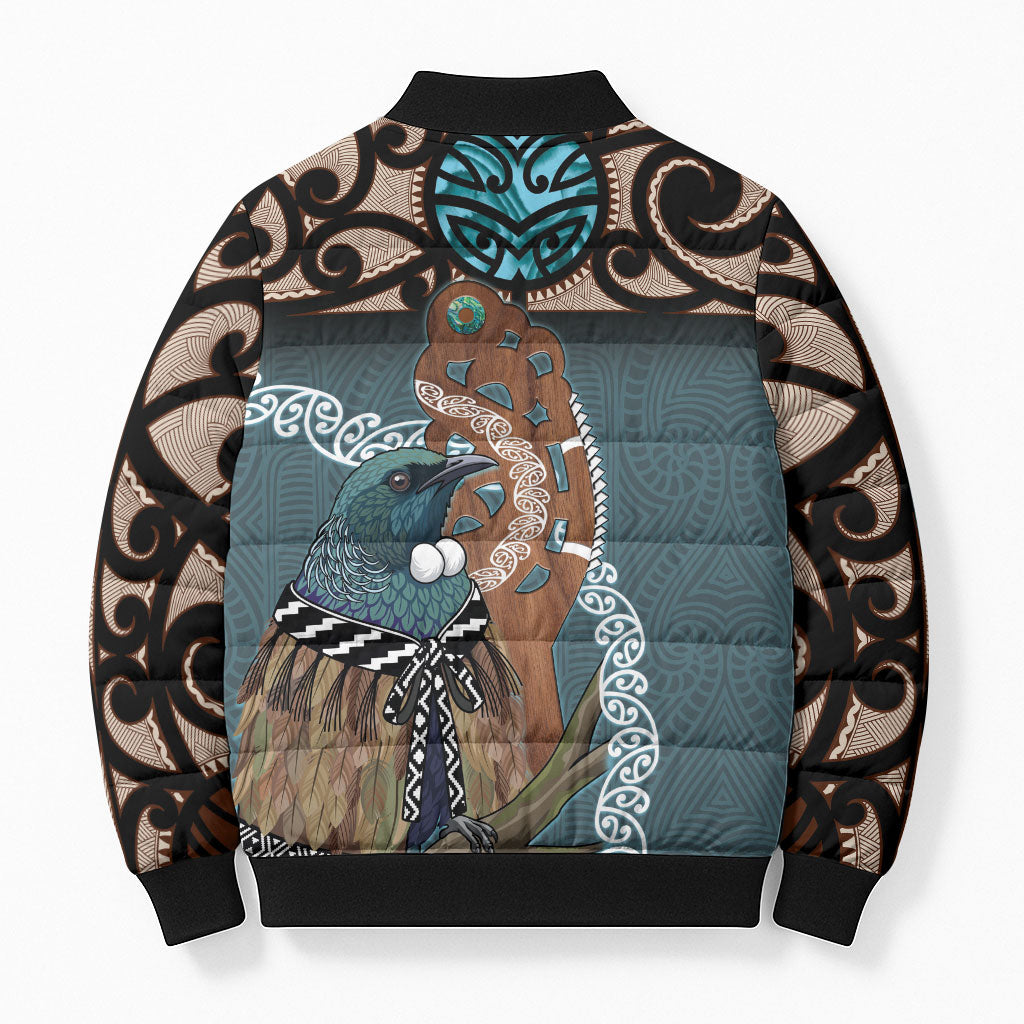New Zealand Tui Bird Maripi Bomber Puffer Jacket Maori Weapon Kowhaiwhai Pattern LT22 - Polynesian Pride