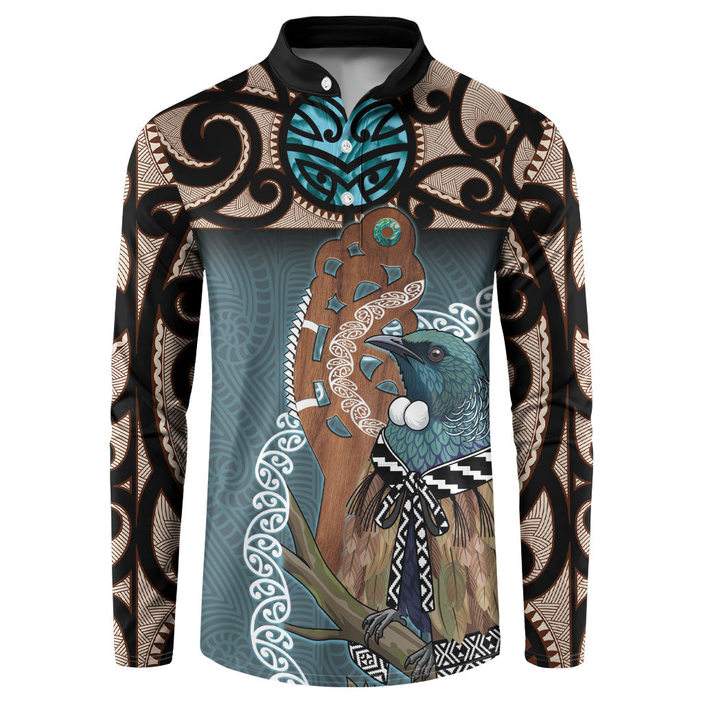 New Zealand Tui Bird Maripi Button Sweatshirt Maori Weapon Kowhaiwhai Pattern LT22 Slate Blue - Polynesian Pride
