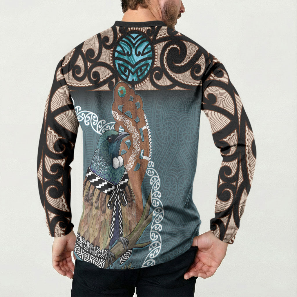 New Zealand Tui Bird Maripi Button Sweatshirt Maori Weapon Kowhaiwhai Pattern LT22 - Polynesian Pride