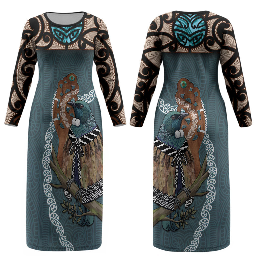 New Zealand Tui Bird Maripi Couples Matching Long Sleeve Bodycon Dress and Long Sleeve Button Shirt Maori Weapon Kowhaiwhai Pattern LT22 - Polynesian Pride