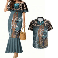 New Zealand Tui Bird Maripi Couples Matching Mermaid Dress and Hawaiian Shirt Maori Weapon Kowhaiwhai Pattern LT22 Slate Blue - Polynesian Pride