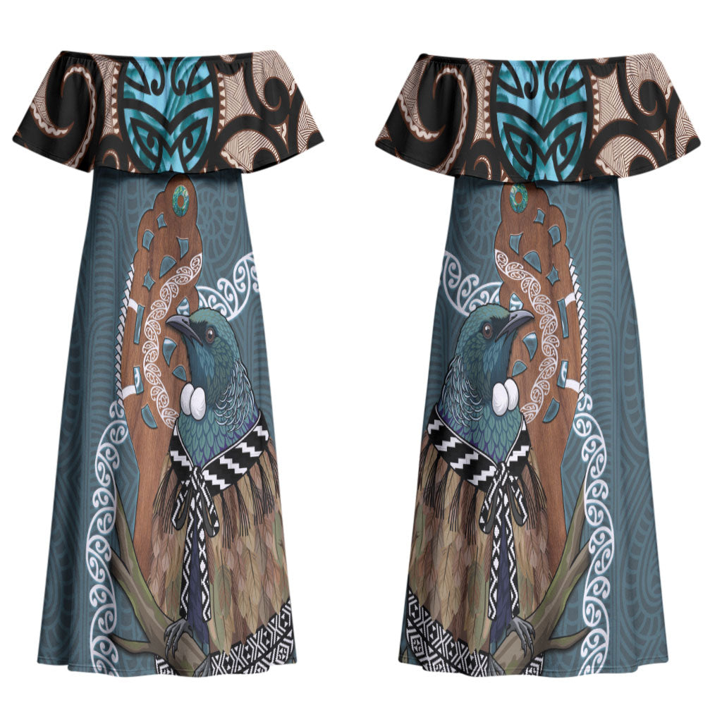 New Zealand Tui Bird Maripi Couples Matching Off Shoulder Maxi Dress and Hawaiian Shirt Maori Weapon Kowhaiwhai Pattern LT22 - Polynesian Pride
