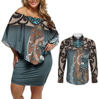 New Zealand Tui Bird Maripi Couples Matching Off Shoulder Short Dress and Long Sleeve Button Shirt Maori Weapon Kowhaiwhai Pattern LT22 Slate Blue - Polynesian Pride