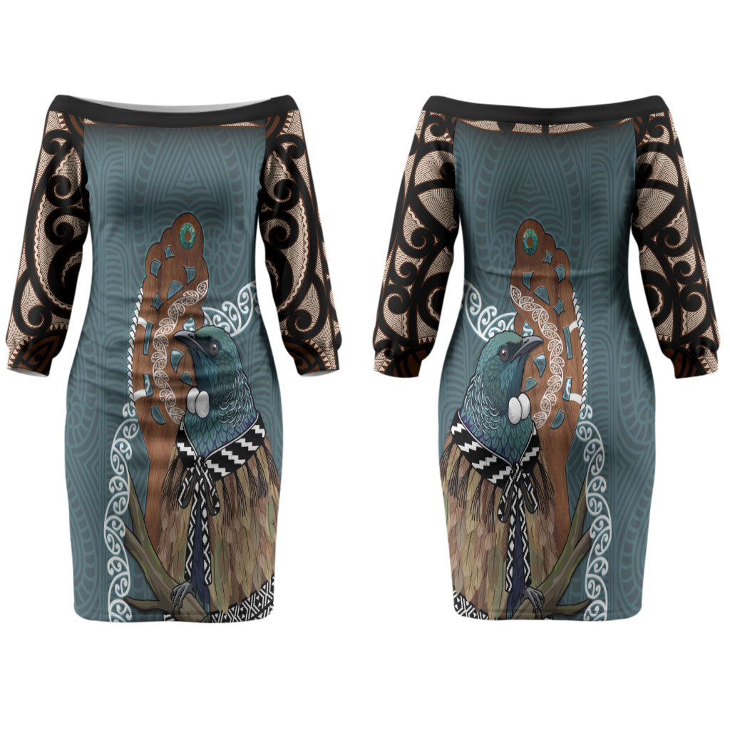 New Zealand Tui Bird Maripi Couples Matching Off The Shoulder Long Sleeve Dress and Long Sleeve Button Shirt Maori Weapon Kowhaiwhai Pattern LT22 - Polynesian Pride