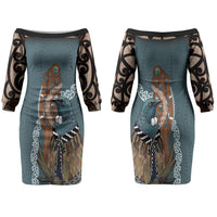 New Zealand Tui Bird Maripi Couples Matching Off The Shoulder Long Sleeve Dress and Long Sleeve Button Shirt Maori Weapon Kowhaiwhai Pattern LT22 - Polynesian Pride