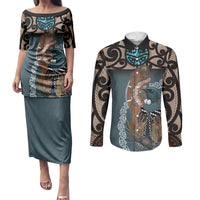 New Zealand Tui Bird Maripi Couples Matching Puletasi and Long Sleeve Button Shirt Maori Weapon Kowhaiwhai Pattern LT22 Slate Blue - Polynesian Pride