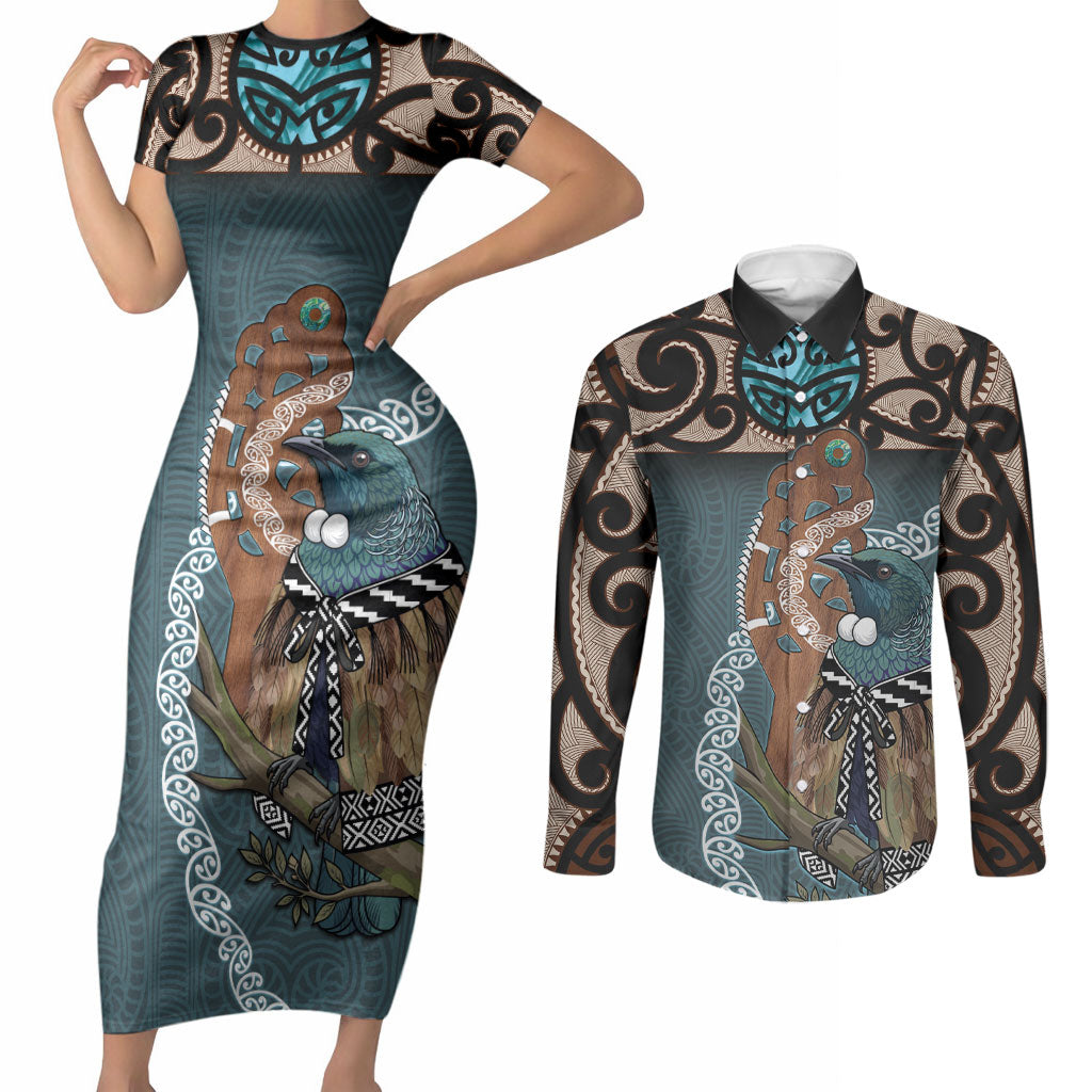 New Zealand Tui Bird Maripi Couples Matching Short Sleeve Bodycon Dress and Long Sleeve Button Shirt Maori Weapon Kowhaiwhai Pattern LT22 Slate Blue - Polynesian Pride