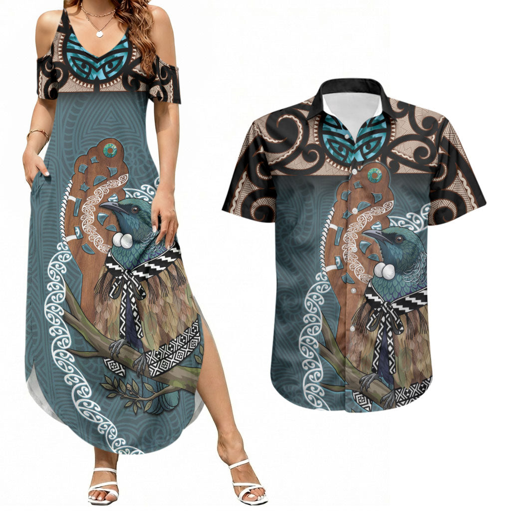 New Zealand Tui Bird Maripi Couples Matching Summer Maxi Dress and Hawaiian Shirt Maori Weapon Kowhaiwhai Pattern LT22 Slate Blue - Polynesian Pride