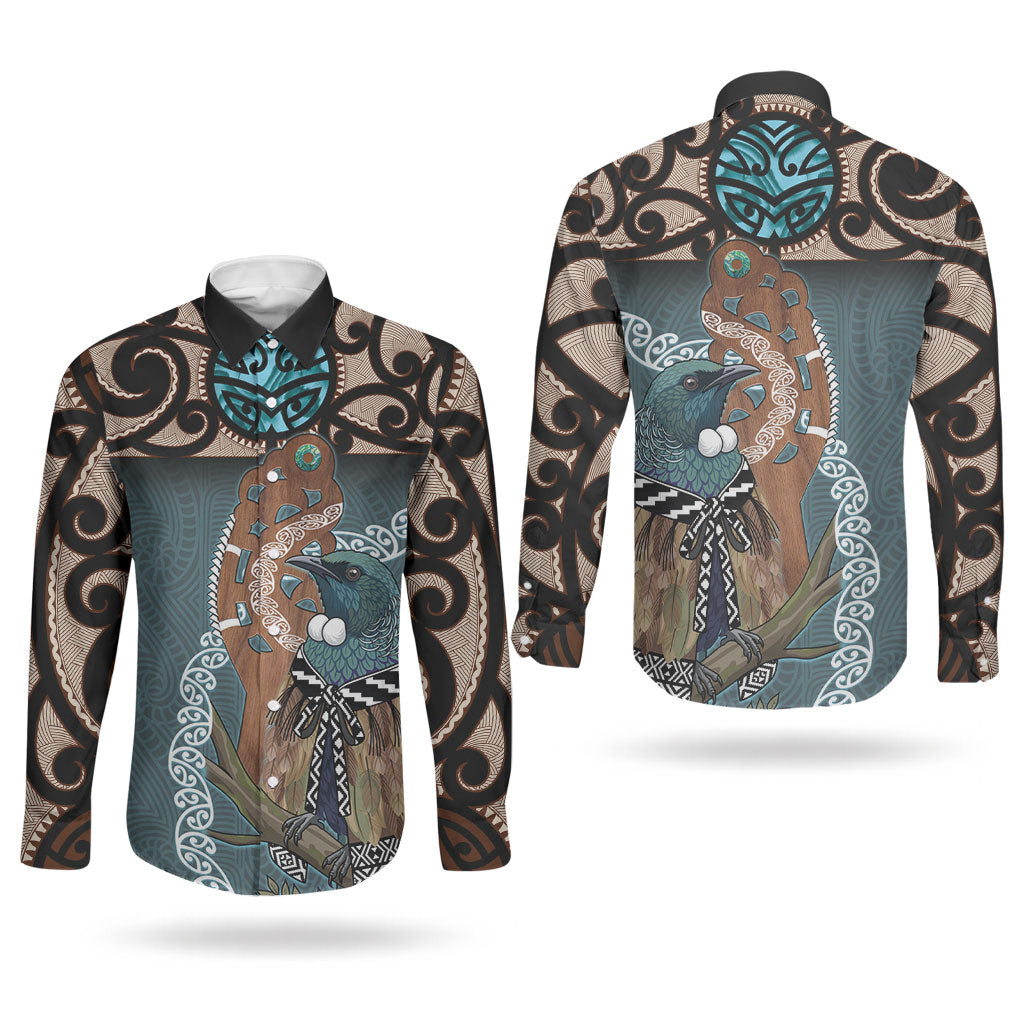 New Zealand Tui Bird Maripi Couples Matching Tank Maxi Dress and Long Sleeve Button Shirt Maori Weapon Kowhaiwhai Pattern LT22 - Polynesian Pride