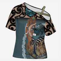 New Zealand Tui Bird Maripi Cross Shoulder Shirt Maori Weapon Kowhaiwhai Pattern LT22 Female Slate Blue - Polynesian Pride