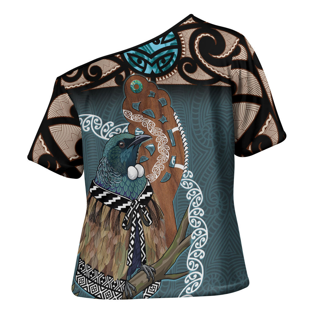 New Zealand Tui Bird Maripi Cross Shoulder Shirt Maori Weapon Kowhaiwhai Pattern LT22 - Polynesian Pride