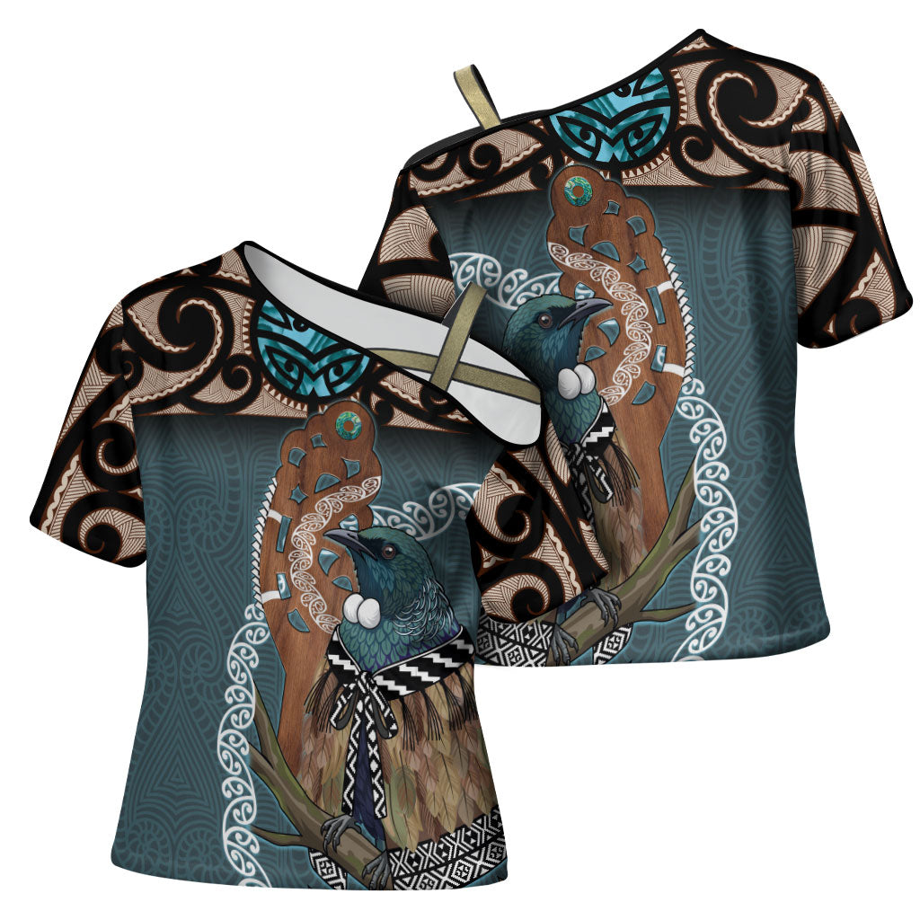 New Zealand Tui Bird Maripi Cross Shoulder Shirt Maori Weapon Kowhaiwhai Pattern LT22 - Polynesian Pride