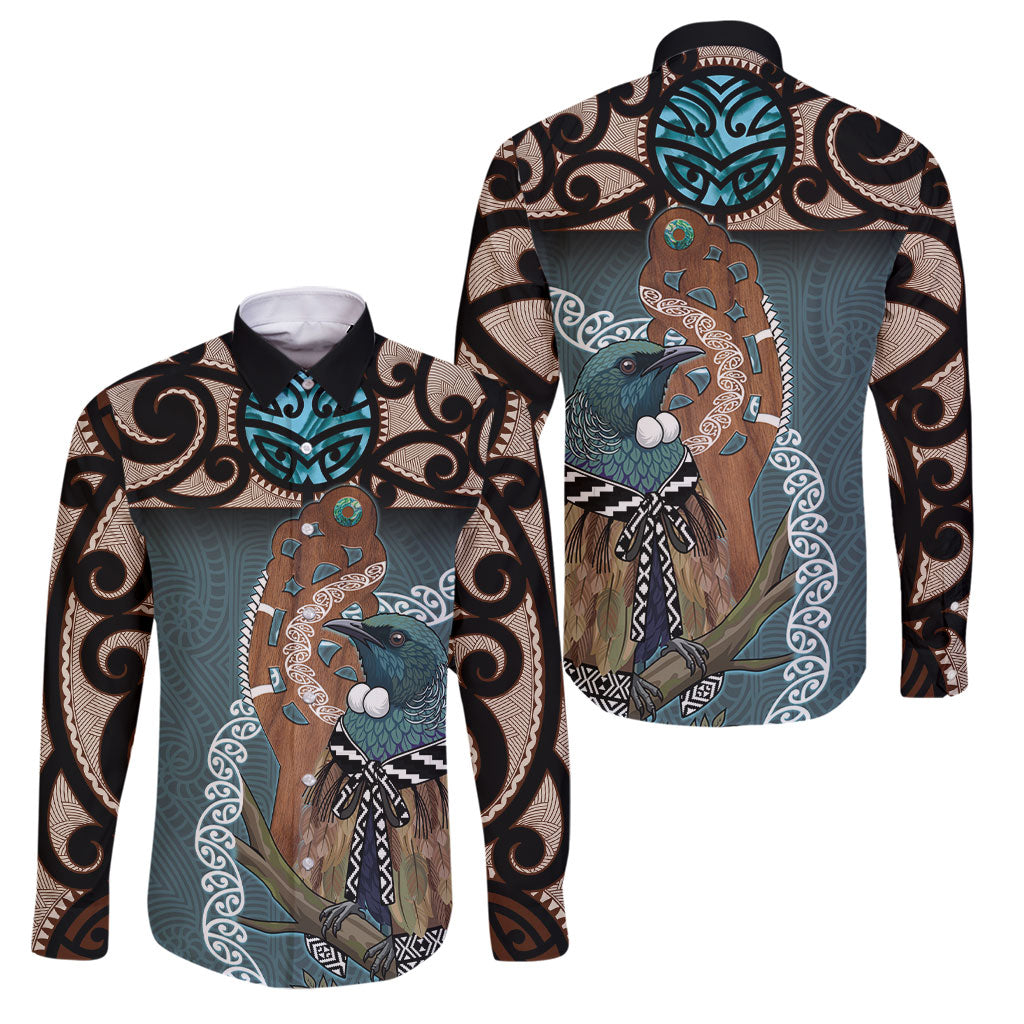New Zealand Tui Bird Maripi Family Matching Long Sleeve Bodycon Dress and Hawaiian Shirt Maori Weapon Kowhaiwhai Pattern LT22 Dad's Shirt - Long Sleeve Slate Blue - Polynesian Pride