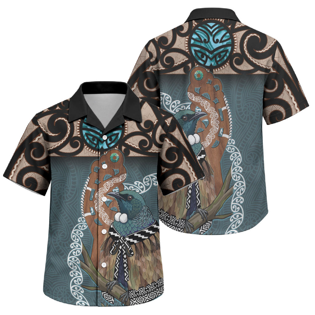 New Zealand Tui Bird Maripi Family Matching Long Sleeve Bodycon Dress and Hawaiian Shirt Maori Weapon Kowhaiwhai Pattern LT22 Son's Shirt Slate Blue - Polynesian Pride