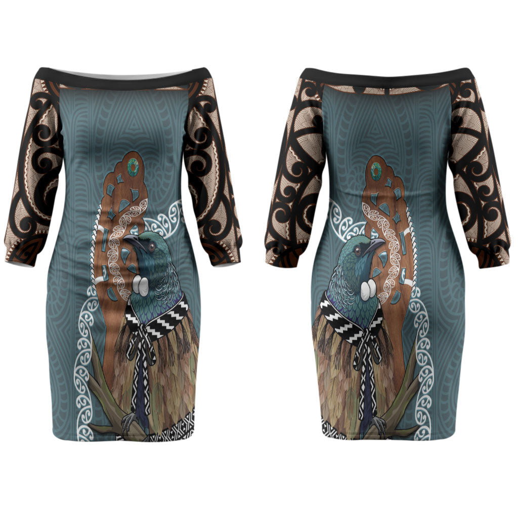 New Zealand Tui Bird Maripi Family Matching Off The Shoulder Long Sleeve Dress and Hawaiian Shirt Maori Weapon Kowhaiwhai Pattern LT22 Mom's Dress Slate Blue - Polynesian Pride