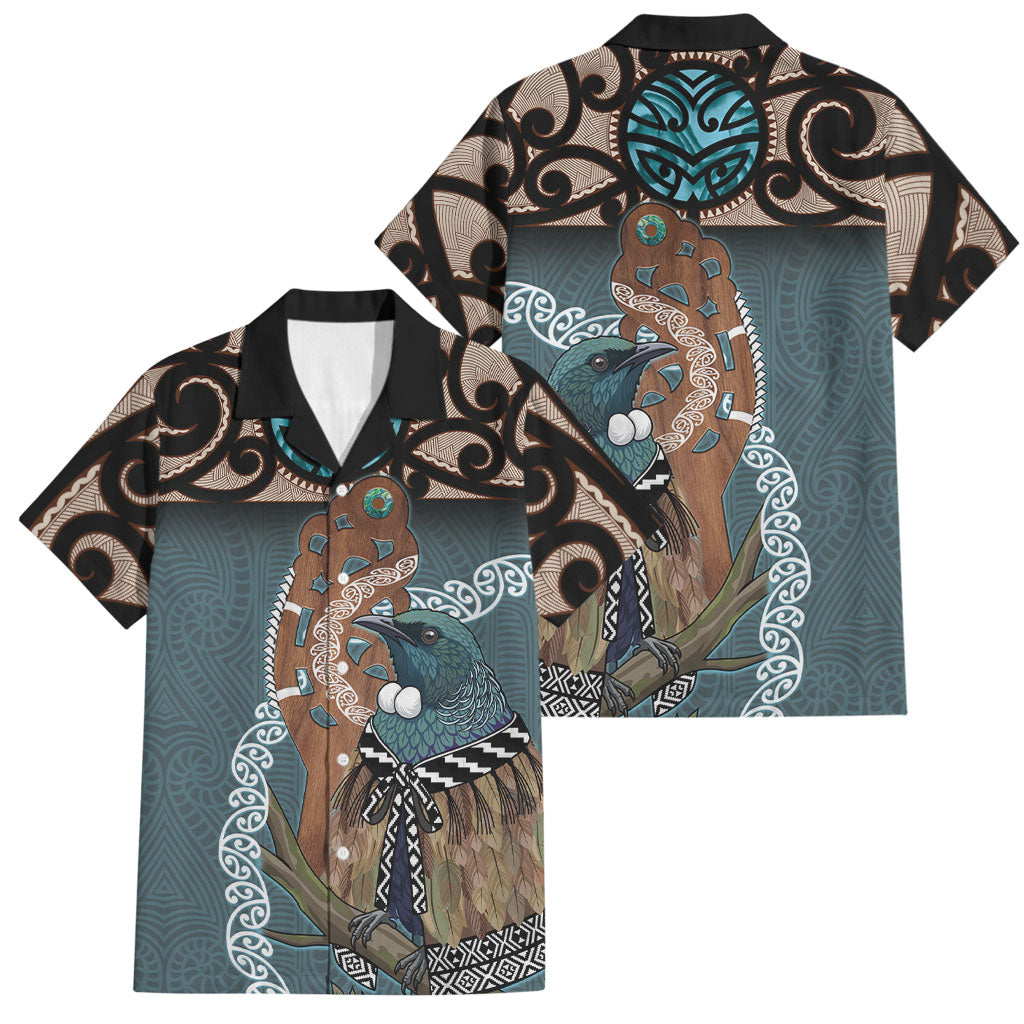 New Zealand Tui Bird Maripi Family Matching Off The Shoulder Long Sleeve Dress and Hawaiian Shirt Maori Weapon Kowhaiwhai Pattern LT22 Dad's Shirt - Short Sleeve Slate Blue - Polynesian Pride