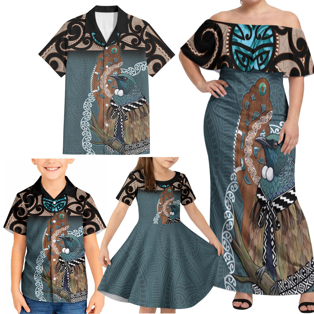 New Zealand Tui Bird Maripi Family Matching Off Shoulder Maxi Dress and Hawaiian Shirt Maori Weapon Kowhaiwhai Pattern LT22 - Polynesian Pride