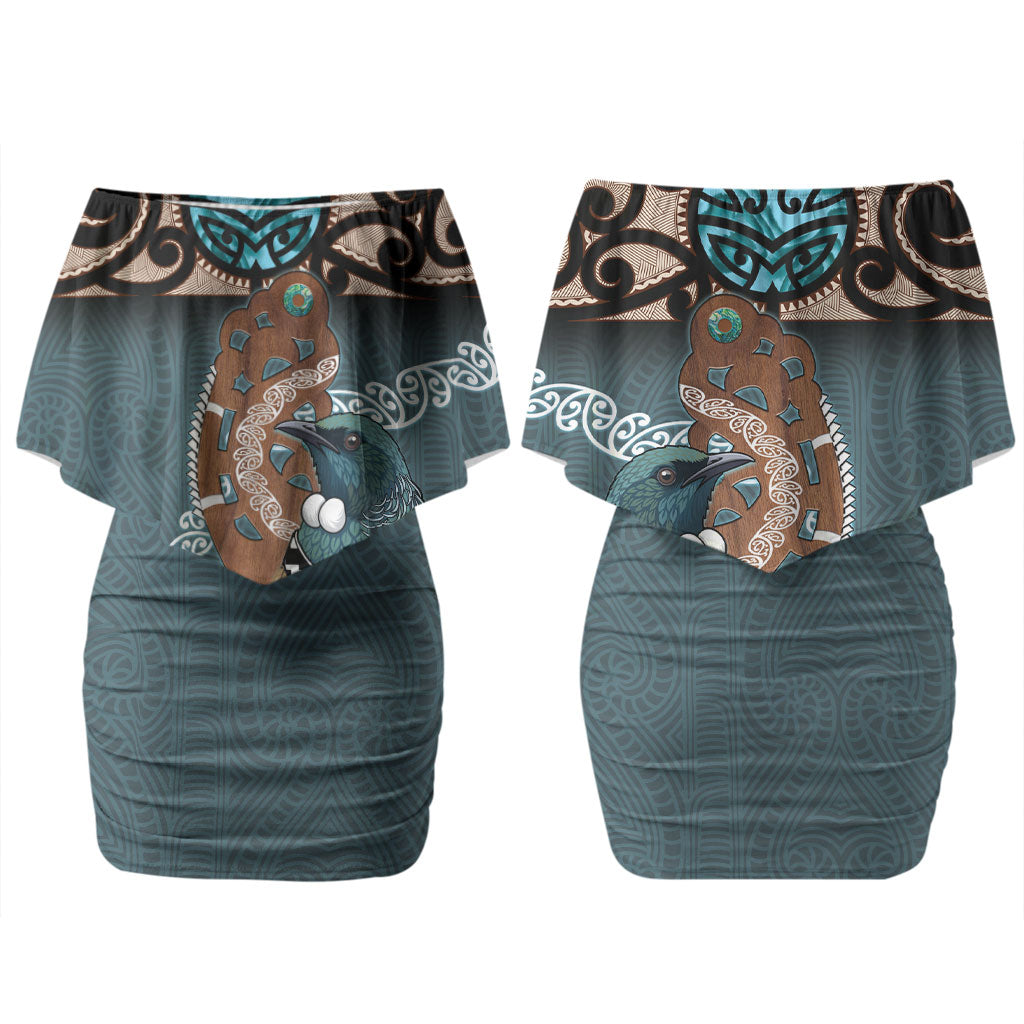 New Zealand Tui Bird Maripi Family Matching Off Shoulder Short Dress and Hawaiian Shirt Maori Weapon Kowhaiwhai Pattern LT22 Mom's Dress Slate Blue - Polynesian Pride