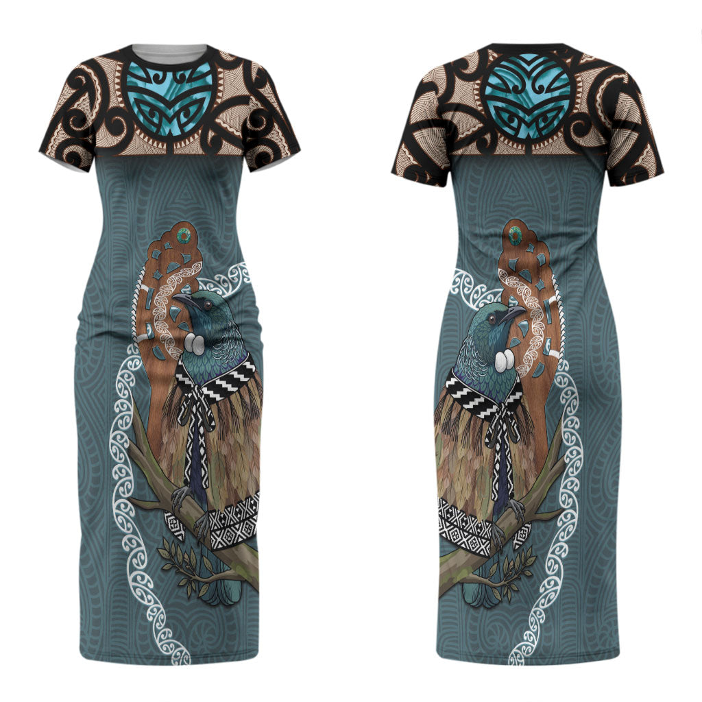 New Zealand Tui Bird Maripi Family Matching Short Sleeve Bodycon Dress and Hawaiian Shirt Maori Weapon Kowhaiwhai Pattern LT22 Mom's Dress Slate Blue - Polynesian Pride