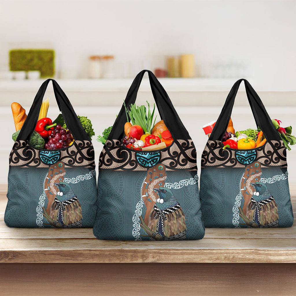New Zealand Tui Bird Maripi Grocery Bag Maori Weapon Kowhaiwhai Pattern LT22 3-pack One Size Slate Blue - Polynesian Pride