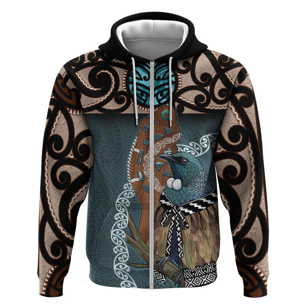 New Zealand Tui Bird Maripi Hoodie Maori Weapon Kowhaiwhai Pattern LT22 Zip Hoodie Slate Blue - Polynesian Pride
